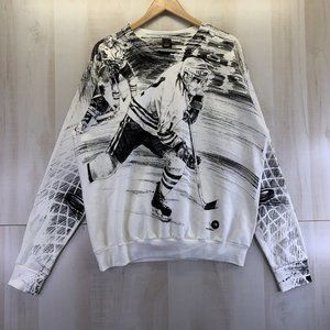 Vintage 1990s Black White Wrap Graphic Hockey Sweatshirt Mens XL Center Star USA